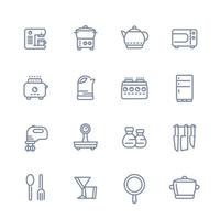 kitchen line icons set isolated over white, cooking related objects, utensils, tableware, tools, flatware, cookware, pan, kettle