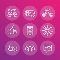 Likes, followers, rating linear icons set vector