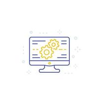 computadora y engranajes, icono de línea de ruedas dentadas, configuración y vector de configuración