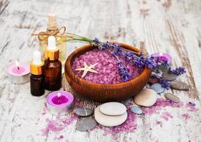 Spa products and lavender flowers photo