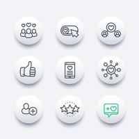 Likes, followers, hearts, rating icons set in line style