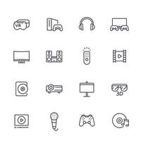 home entertainment system line icons set on white, virtual reality glasses, multimedia projector, sound system, video game console vector