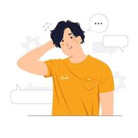man with hand behind his head shying embarrassing, feeling sorry, and holding hand on head concept illustration vector