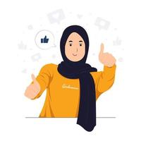 niña musulmana que muestra como signo, retroalimentación, aprobación pública, alegría, éxito, aprobación, felicidad y pulgares arriba ilustración del concepto de símbolo vector