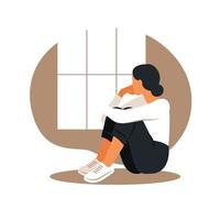 Woman in depression with bewildered thoughts in her mind. Young sad girl sitting in window and hugging her knees. Flat style vector