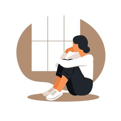 Woman in depression with bewildered thoughts in her mind. Young sad girl sitting in window and hugging her knees. Flat style