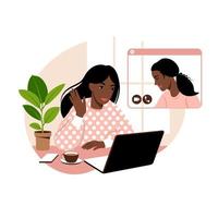 African girl friends chat online. Girl sitting in a chair in front of a laptop and speaks with friend. Video conference, online chat concept. Working or online meeting from home. Vector illustration.