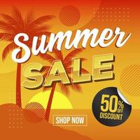 Summer Sale Banner Template  with tropical leaves and sunset background vector