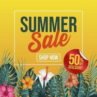 Summer Sale Banner Template  with tropical leaves and flowers background vector