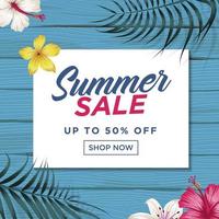 Summer Sale Banner Template  with tropical leaves, flowers and wood background vector