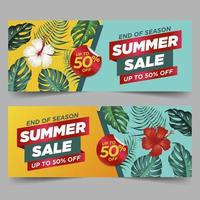 plantilla de banner de venta de verano con fondo de hojas y flores tropicales vector