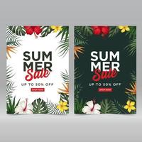 plantilla de banner de venta de verano con fondo de hojas y flores tropicales vector