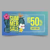 plantilla de banner de venta de verano con fondo de hojas y flores tropicales vector