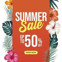 Summer Sale Banner Template  with tropical leaves and flowers background vector