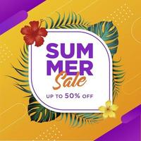 Summer Sale Banner Template  with tropical leaves and flowers background vector