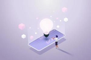 Woman standing in front of smartphone touching blockchain technology and holographic light bulbs. vector