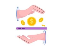 Dollar and mobile phone in people hand for digital money vector