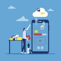 Cloud computing business technology concept with businessman uploading file from smartphone to cloud vector