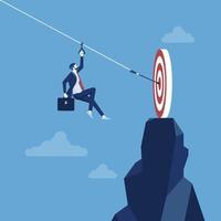 Reach the target, businessman use zipline reaching to the goal, the path to target achievement vector