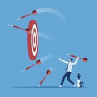 businessman throw many dart arrow hit out of the dartboard, missing the marketing target and customer, fail on company mission and goal vector