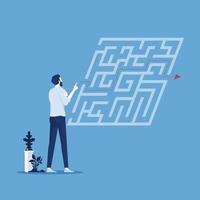 businessman standing in front of labyrinth and trying to find way out, overcoming business challenges and problem solving concept vector