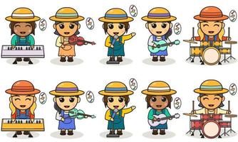 Vector illustration cartoon of cute Girls farmer Music Band