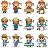 Vector illustration cartoon of cute Girls farmer playing Music instrument.