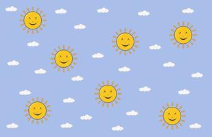 emoticono feliz en el sol y el vector de nubes blancas para fondo, papel tapiz o telón de fondo. tema de los niños