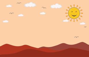 paisaje natural de montañas, sol, nubes y pájaros, ilustración vectorial, mejor para fondo y papel tapiz vector