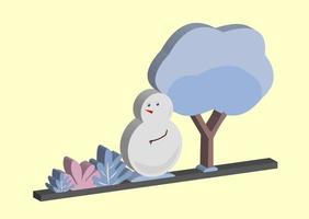 icono de vector 3d tema de invierno, muñeco de nieve, árbol cubierto de nieve y hojas