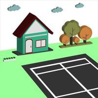 Casa vectorial 3d con una cancha de bádminton de hierba verde, árboles y plantas en maceta, una casa pequeña para una familia sencilla vector