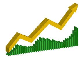 Icono de vector 3d flecha amarilla y diagrama de barras de gráfico verde, progreso hacia arriba y hacia abajo.