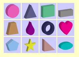 3d vector icon geometric shape colorful circle, triangle, cube, block, drop, love, star, and elips. For your decoration property images.