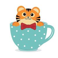 little tiger cub sitting in a cup, color isolated vector illustration in cartoon style