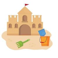 Bucket with tools on the background of a sand castle, color isolated vector illustration in cartoon style