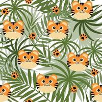 Pattern with tiger cubs on a background of tropical leaves, color vector illustration on a white background