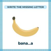 Write the missing letter. Worksheet for kids education. Flashcard for children. Vector illustration with a banana