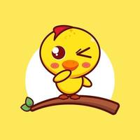 Cute yellow cartoon little chick winking, vector icon illustration