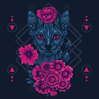 gato floral con fondo de geometría sagrada vector