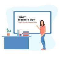 Happy teachers day illustration. woman teacher with explain gesture in front of the classroom. vector