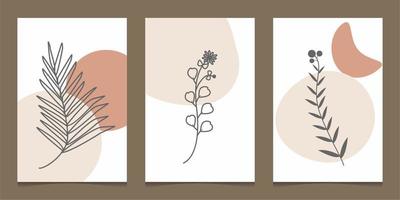 Wall art vector set. Line art drawing with abstract shape and nature object. Minimalist vector illustration