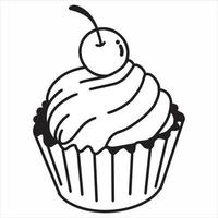 cupcake de dibujo a mano simple con topping de cereza, ilustración vectorial en blanco y negro vector