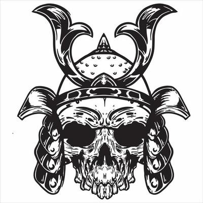 Skull in Helmet Samurai, Mask Skull Warrior Helmet, Samurai drawing, Black White Hand Drawn Vector Illustration