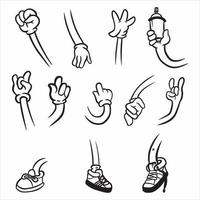 dibujos animados de piernas y elementos de manos, pierna con botas blancas y mano enguantada, ilustración vectorial en blanco y negro