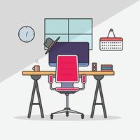 ilustración vectorial de diseño plano del interior de la oficina moderna con escritorio de diseñador que muestra la aplicación de diseño con iconos de interfaz y elementos en estilo y color minimalistas vector