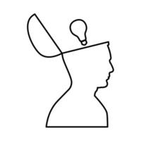 Man with lightbulb idea in open head black icon . vector