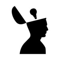 Man with lightbulb idea in open head black icon . vector