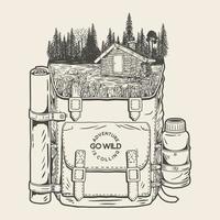 backpack containing the view of a house in the forest premium vector