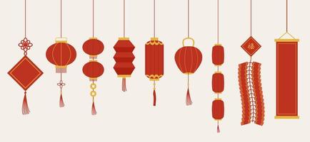 Set of isolated red Chinese New Year hanging lanterns vector