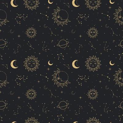 Seamless pattern with golden celestial stellar symbols